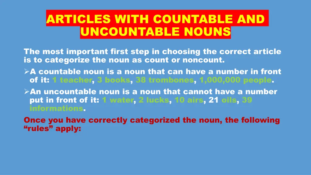 articles with countable and uncountable nouns n.w