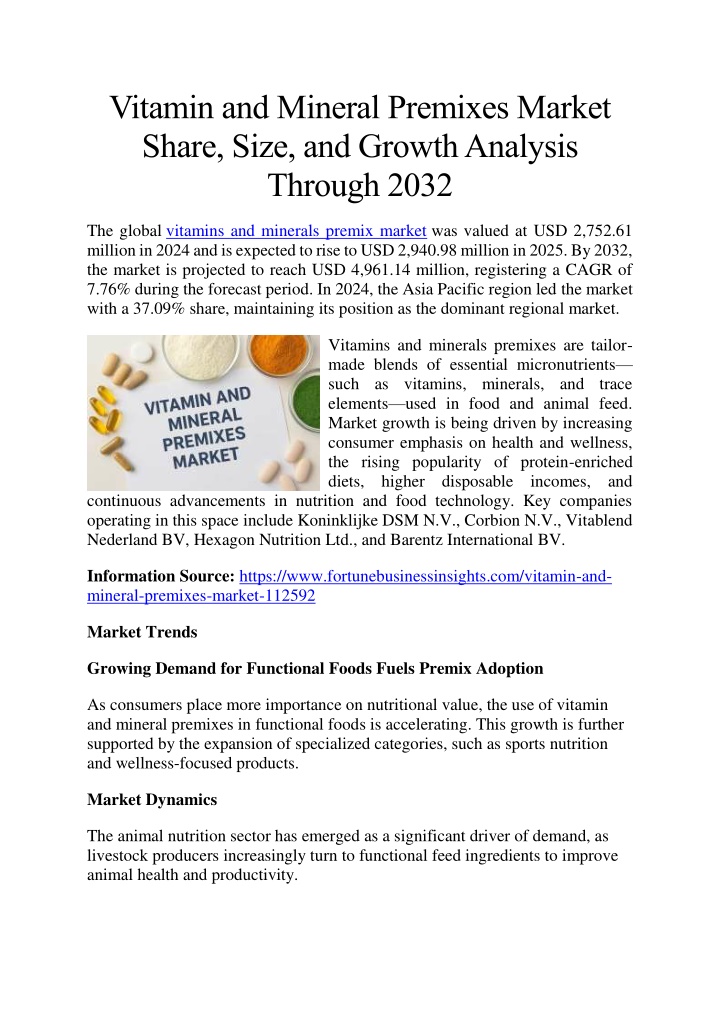 vitamin and mineral premixes market share size n.w