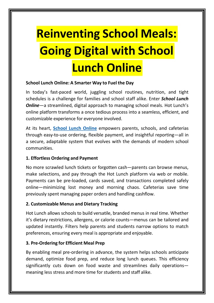 Reinventing School Meals - Going Digital with School Lunch Online