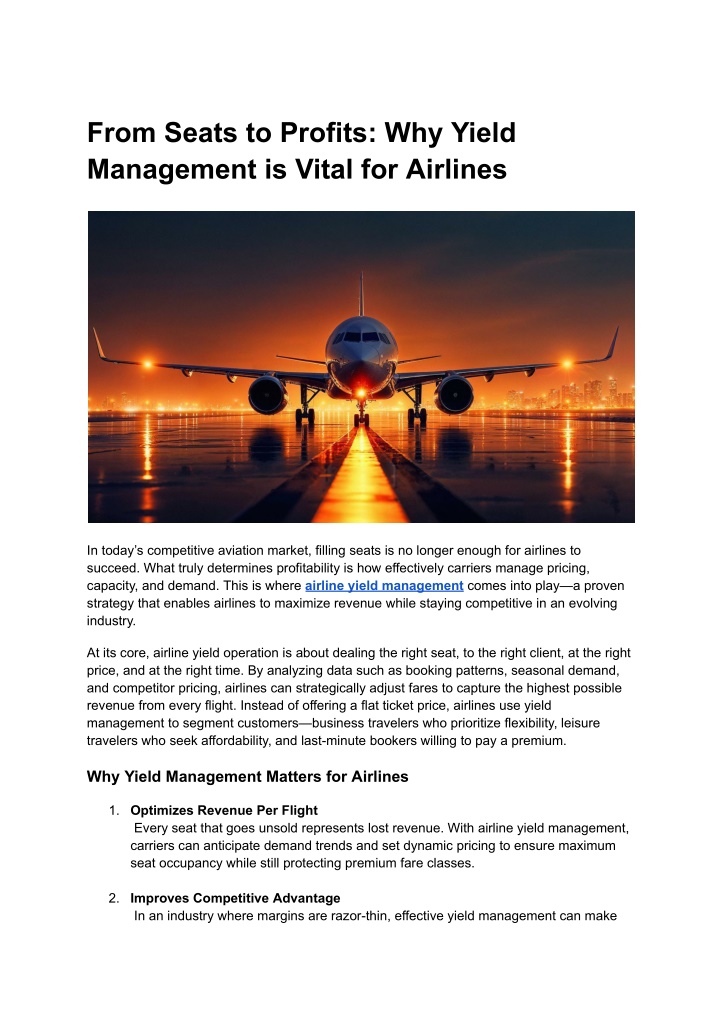 from seats to profits why yield management n.w