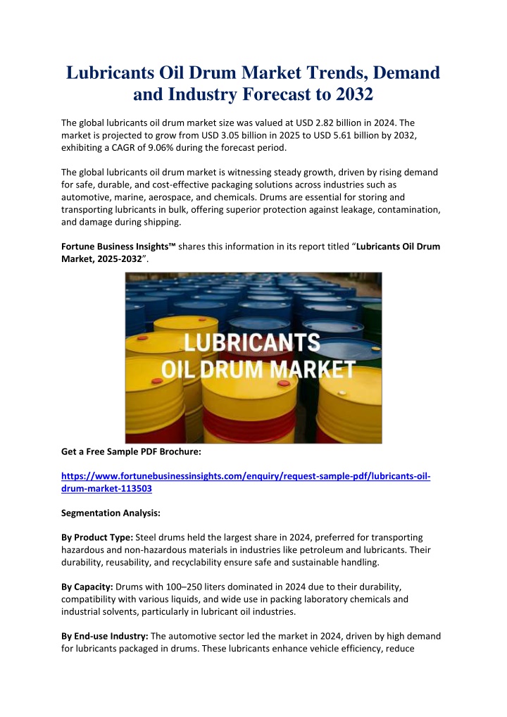 lubricants oil drum market trends demand n.w