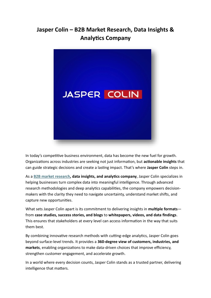 jasper colin b2b market research data insights n.w