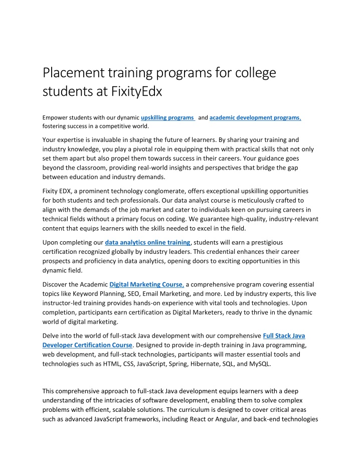 placement training programs for college students n.w