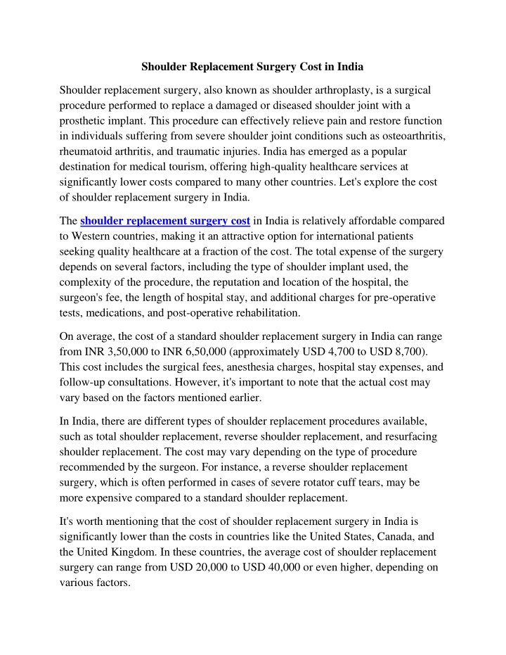 shoulder replacement surgery cost in india n.w