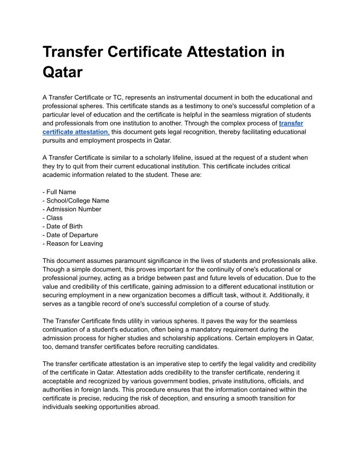transfer certificate attestation in qatar n.w