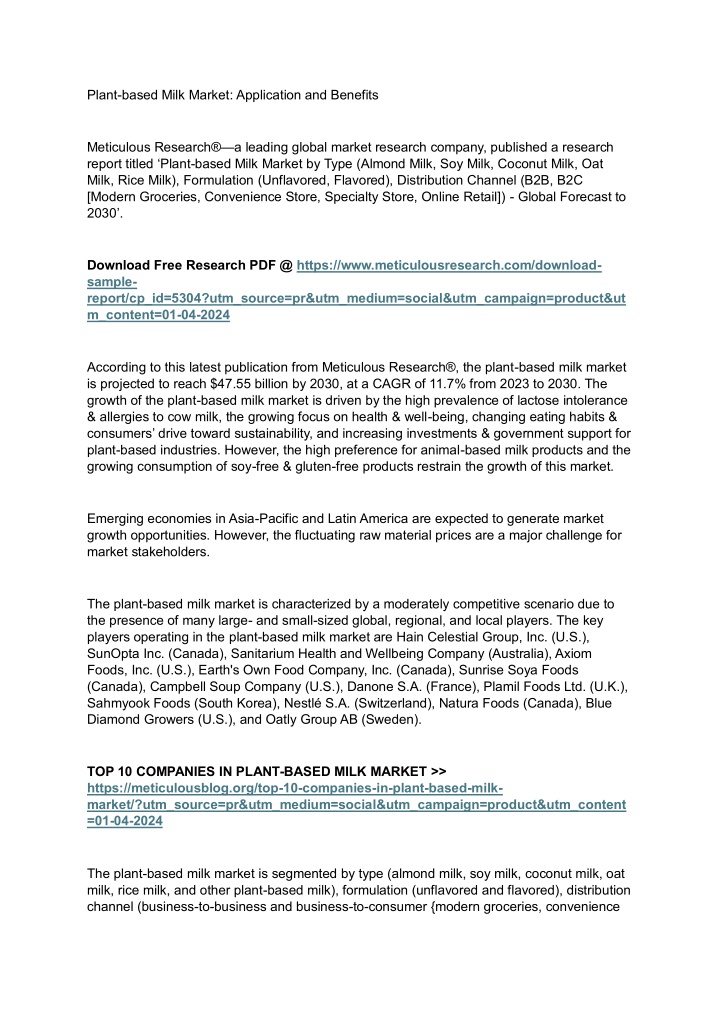 plant based milk market application and benefits n.w