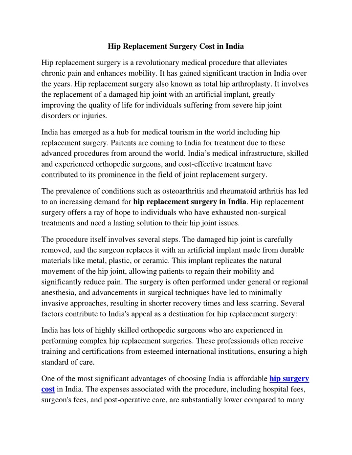 hip replacement surgery cost in india n.w