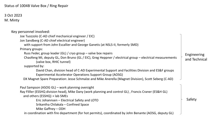 Status of 1004B Valve Box Repair and Failure Timeline