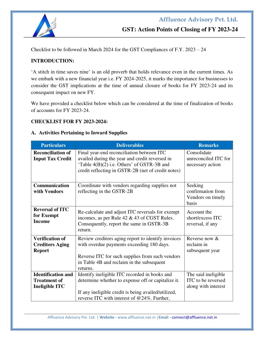 affluence advisory pvt ltd l.w