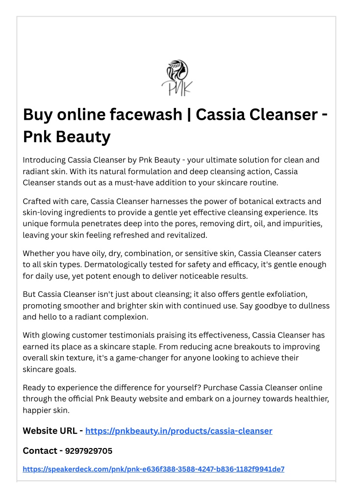 buy online facewash cassia cleanser pnk beauty n.w