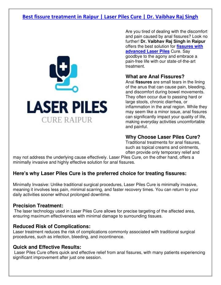 best fissure treatment in raipur laser piles cure n.w