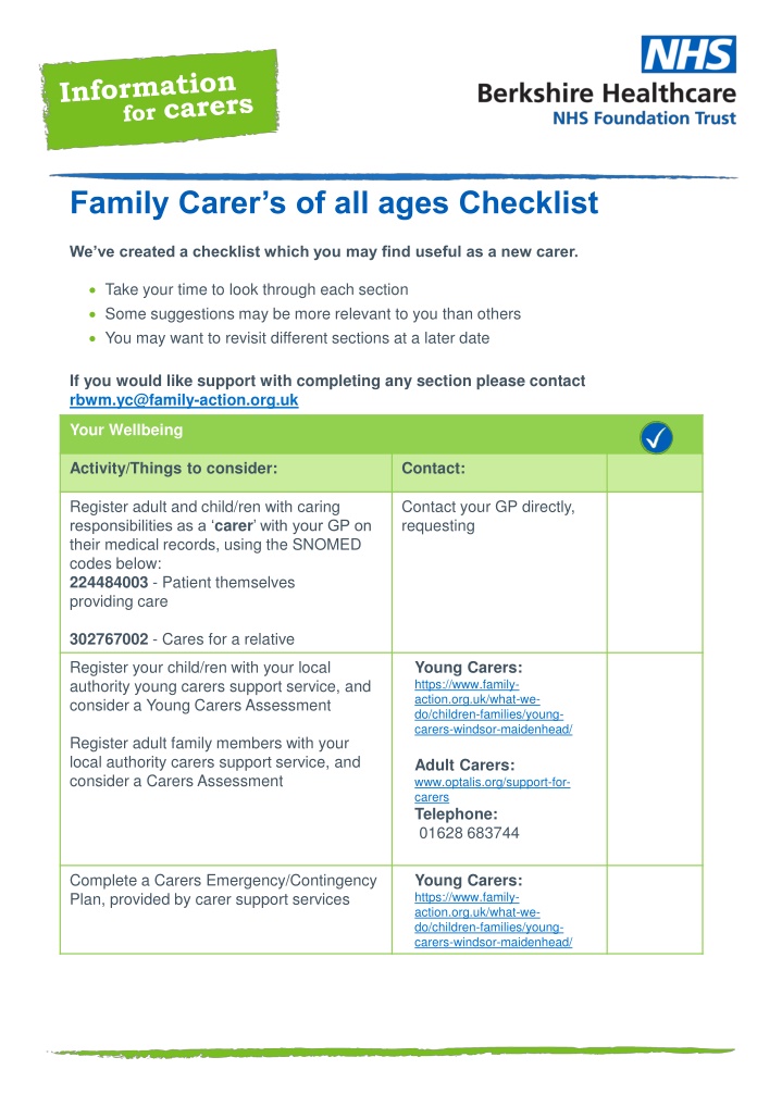 Family Carers Checklist for New Carers