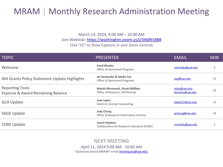 March 2024 Monthly Research Administration Meeting Highlights
