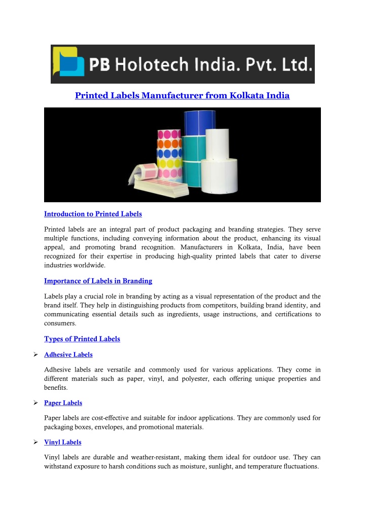 printed labels manufacturer from kolkata india n.w