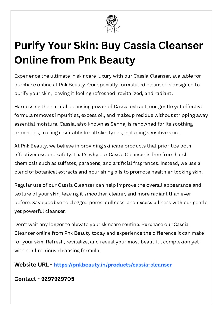 purify your skin buy cassia cleanser online from n.w