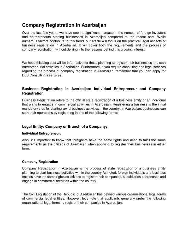 company registration in azerbaijan n.w