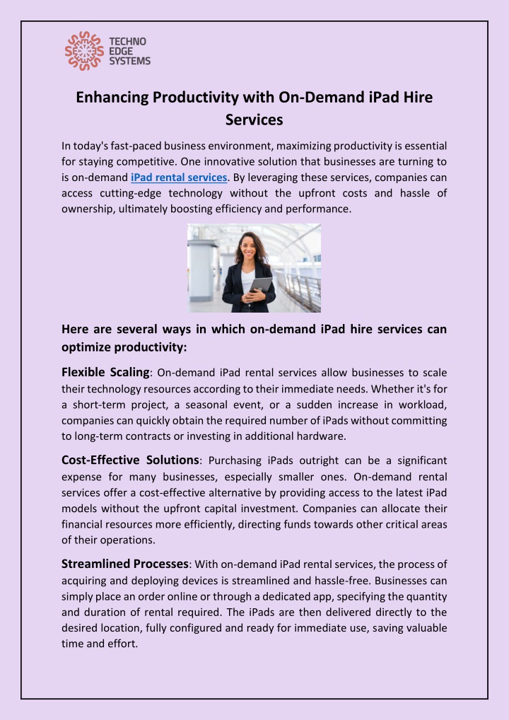 enhancing productivity with on demand ipad hire n.w