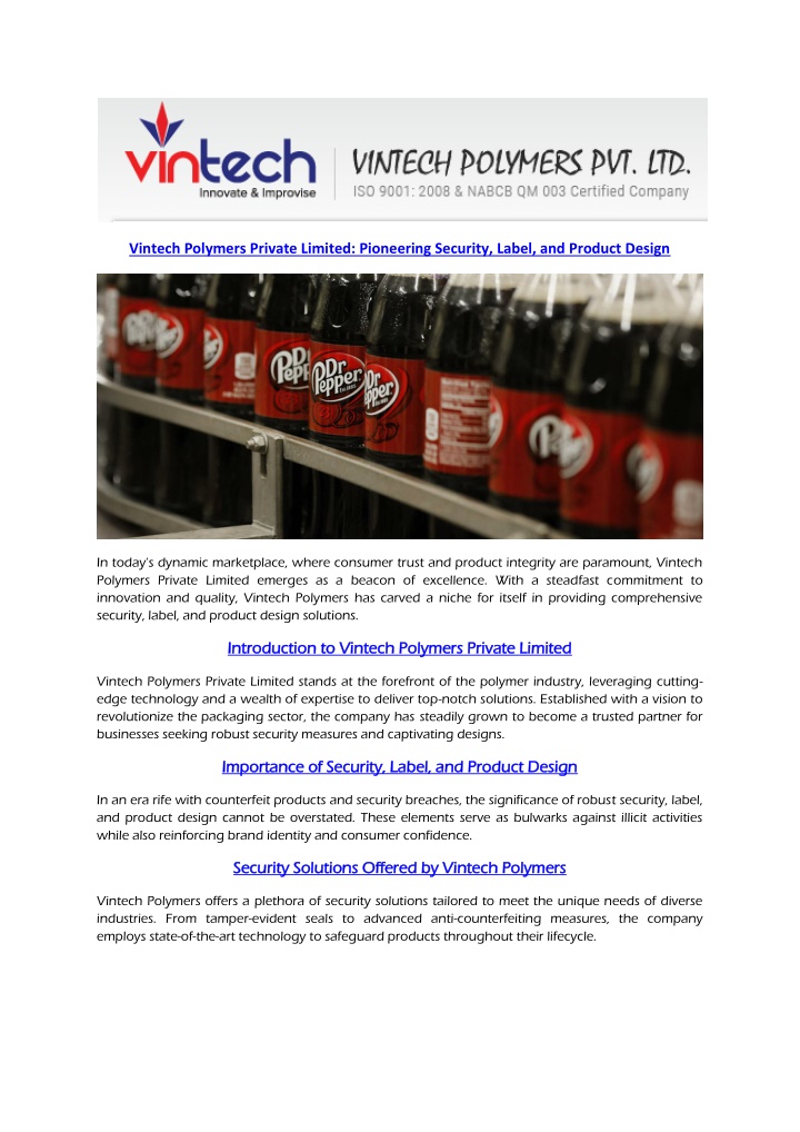 vintech polymers private limited pioneering n.w