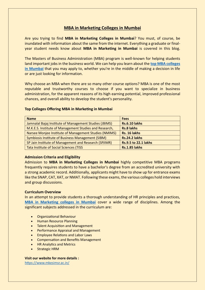 mba in marketing colleges in mumbai n.w