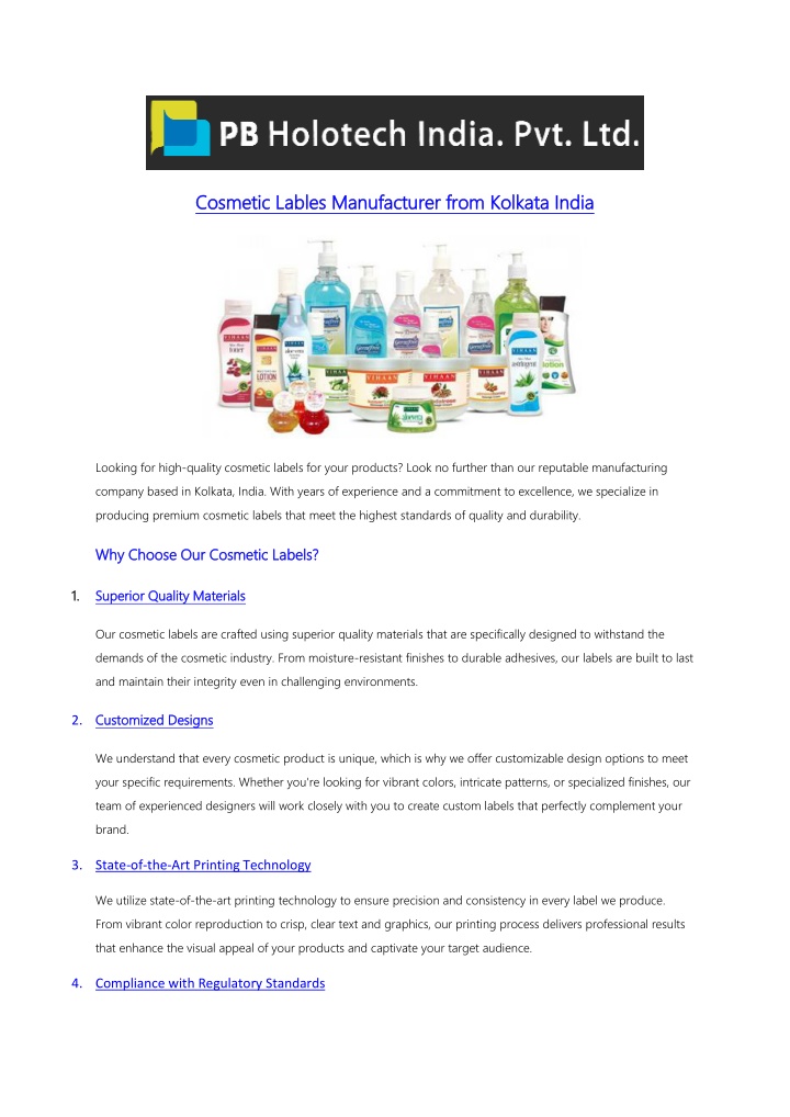cosmetic lables manufacturer from kolkata india n.w