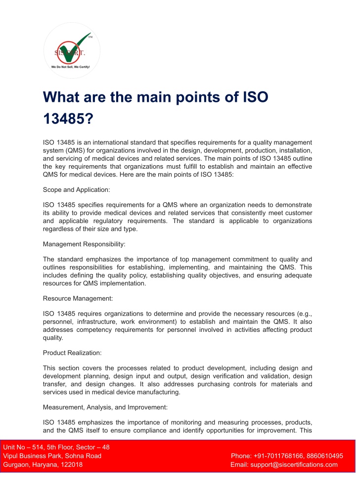 what are the main points of iso 13485 n.w