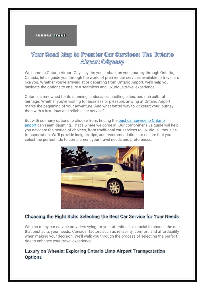 your road map to premier car services the ontario n.w