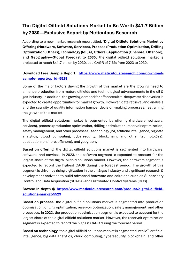 the digital oilfield solutions market to be worth n.w