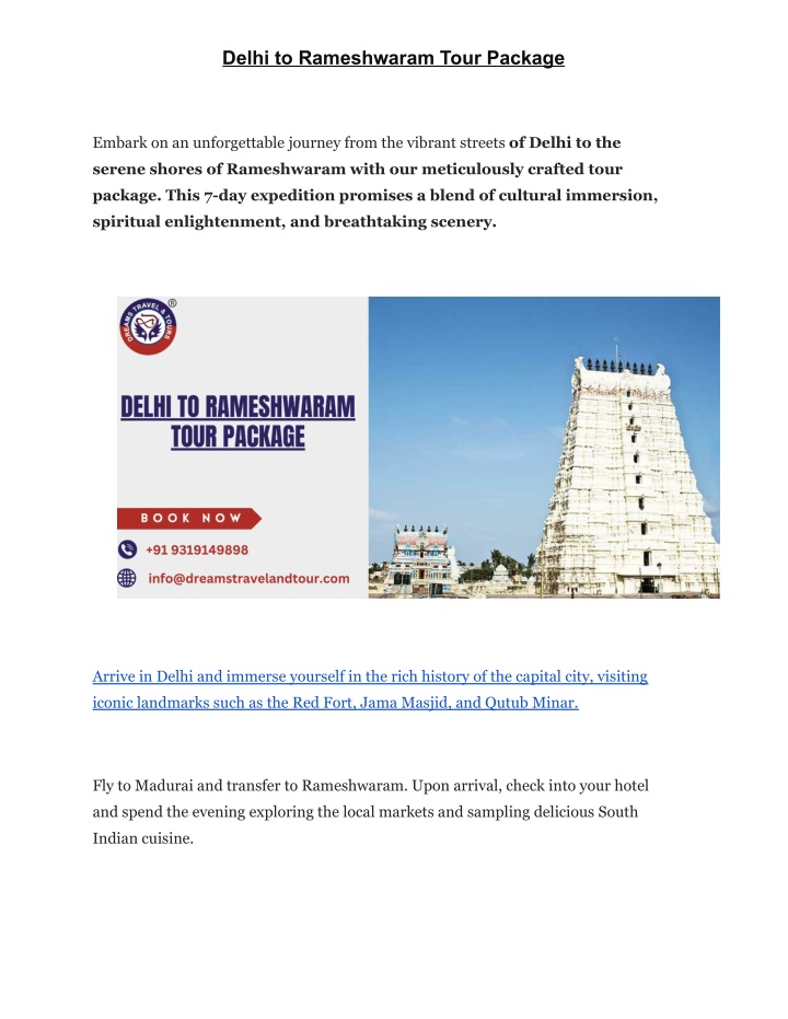 delhi to rameshwaram tour package n.w