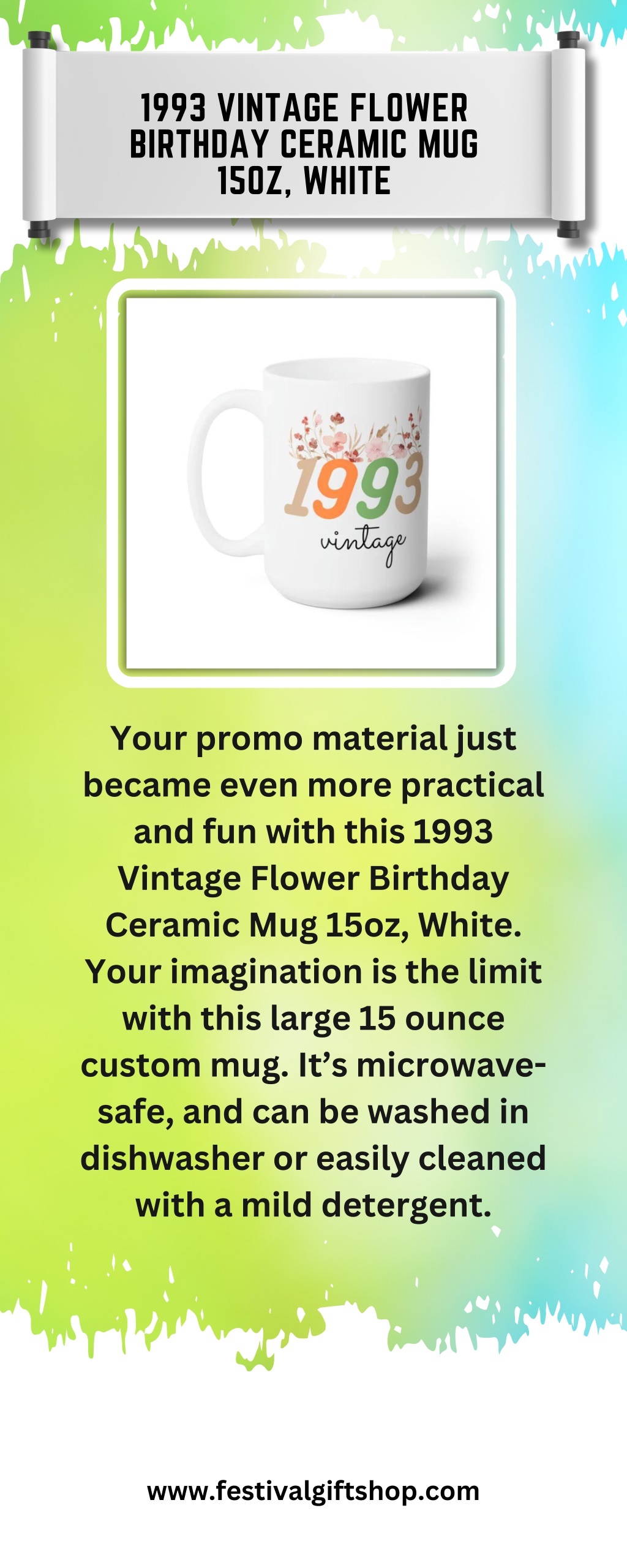 1993 vintage flower birthday ceramic mug 15oz l.w