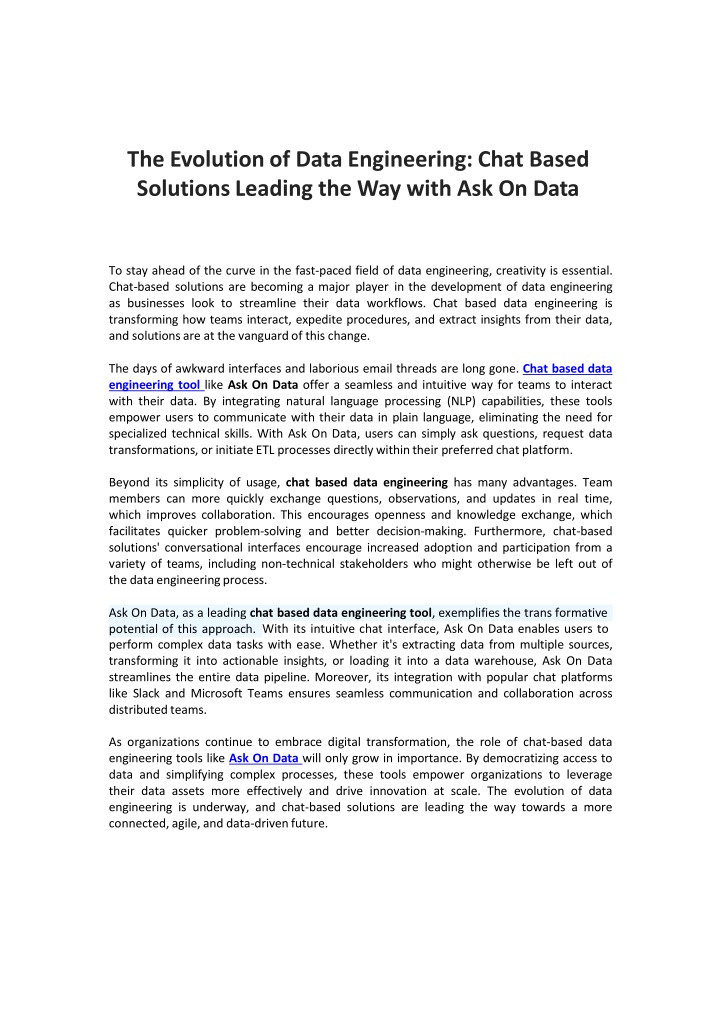Chat Based data Engineering Tool Leading the Way with Ask On Data