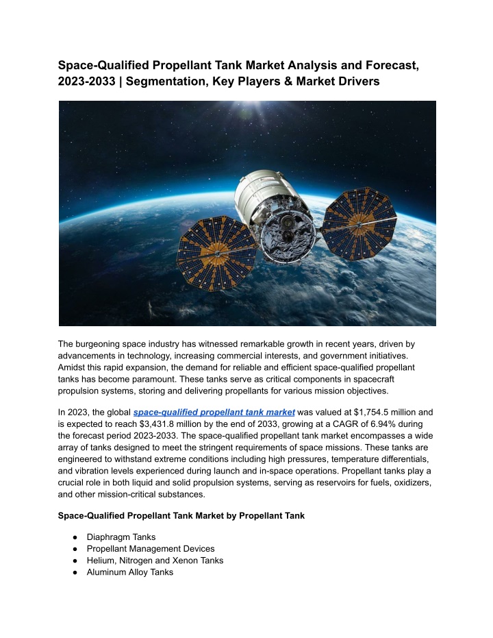 space qualified propellant tank market analysis n.w