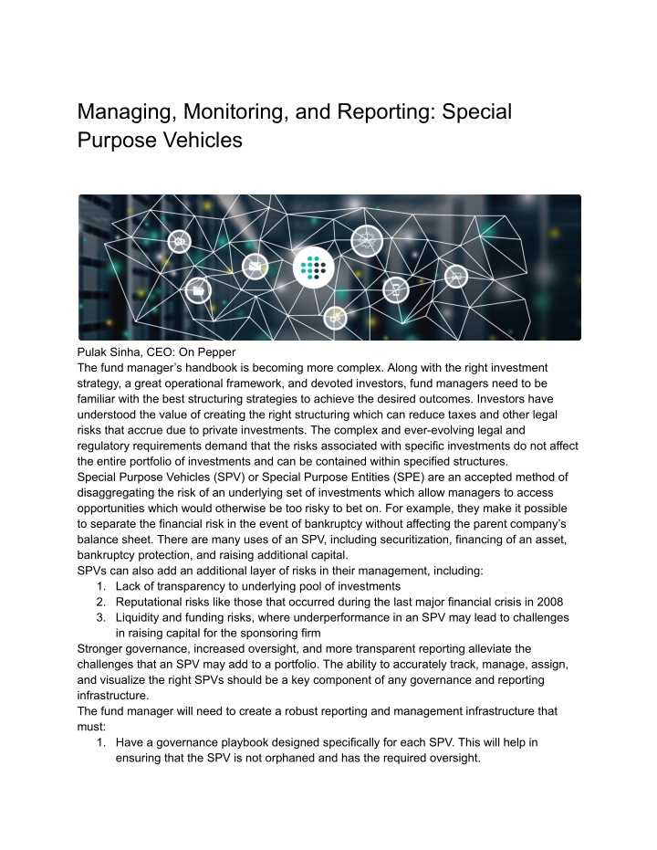 managing monitoring and reporting special purpose n.w