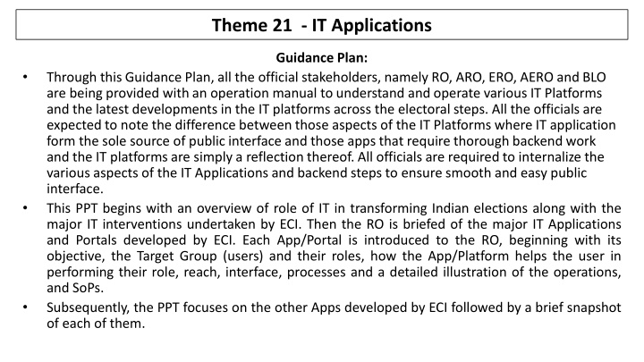 IT Applications Guidance Plan for Electoral Officials