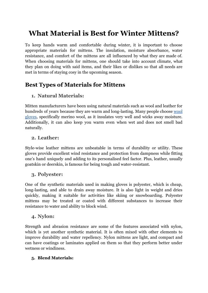 what material is best for winter mittens n.w