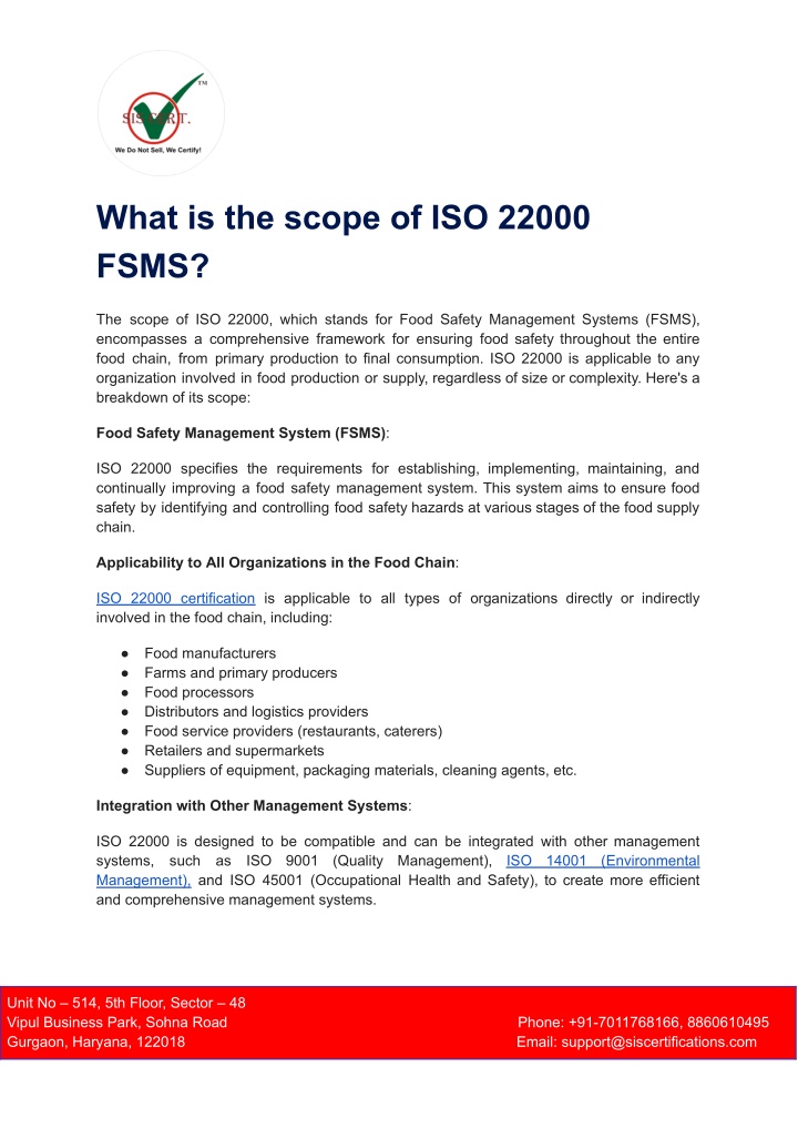 what is the scope of iso 22000 fsms n.w
