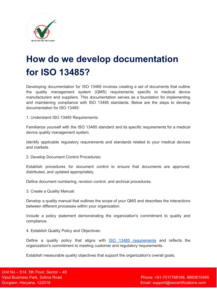 how do we develop documentation for iso 13485 n.w
