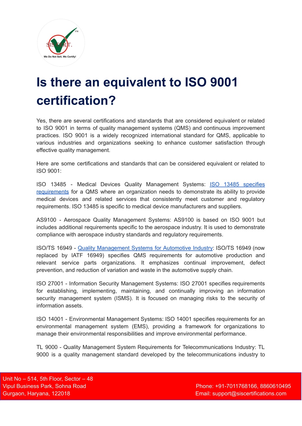 is there an equivalent to iso 9001 certification l.w