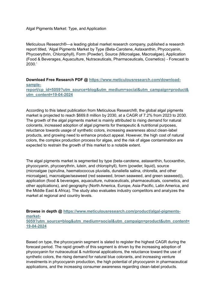 algal pigments market type and application n.w