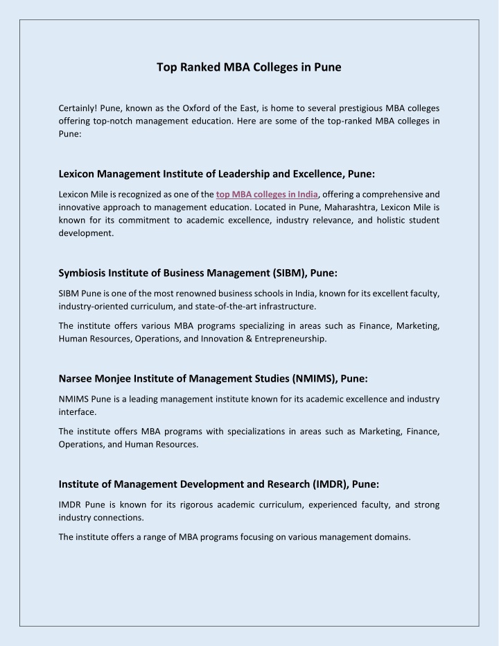 top ranked mba colleges in pune n.w