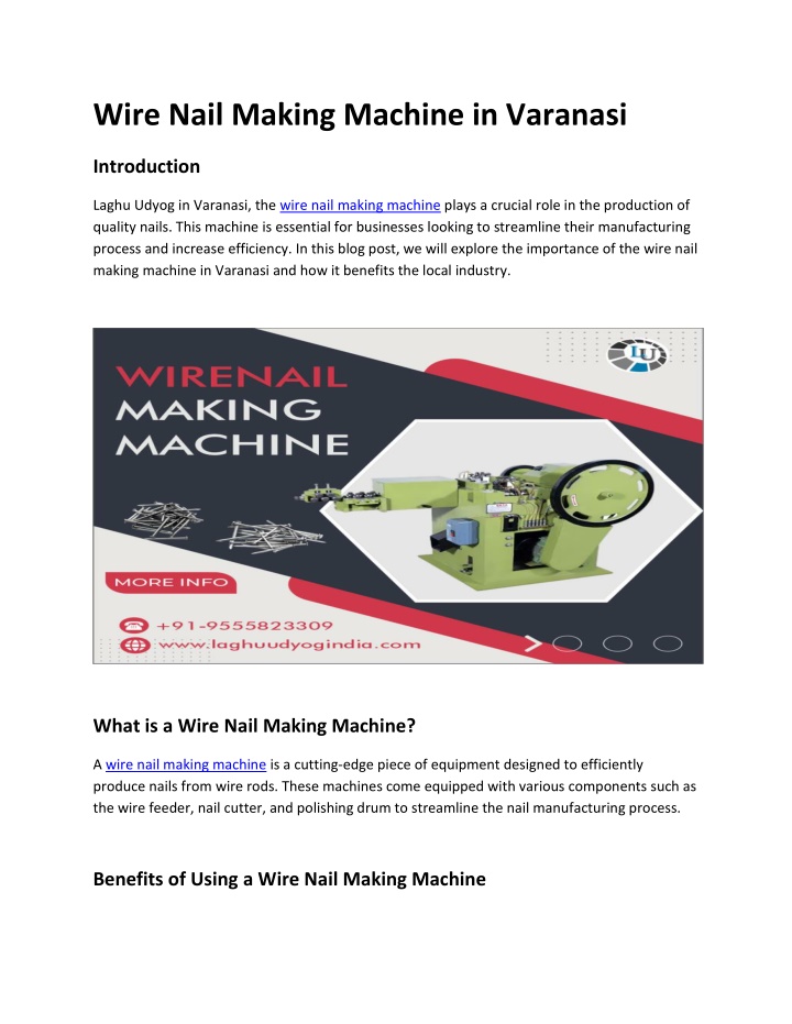 wire nail making machine in varanasi n.w