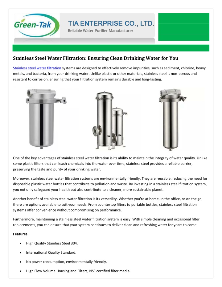 stainless steel water filtration ensuring clean n.w