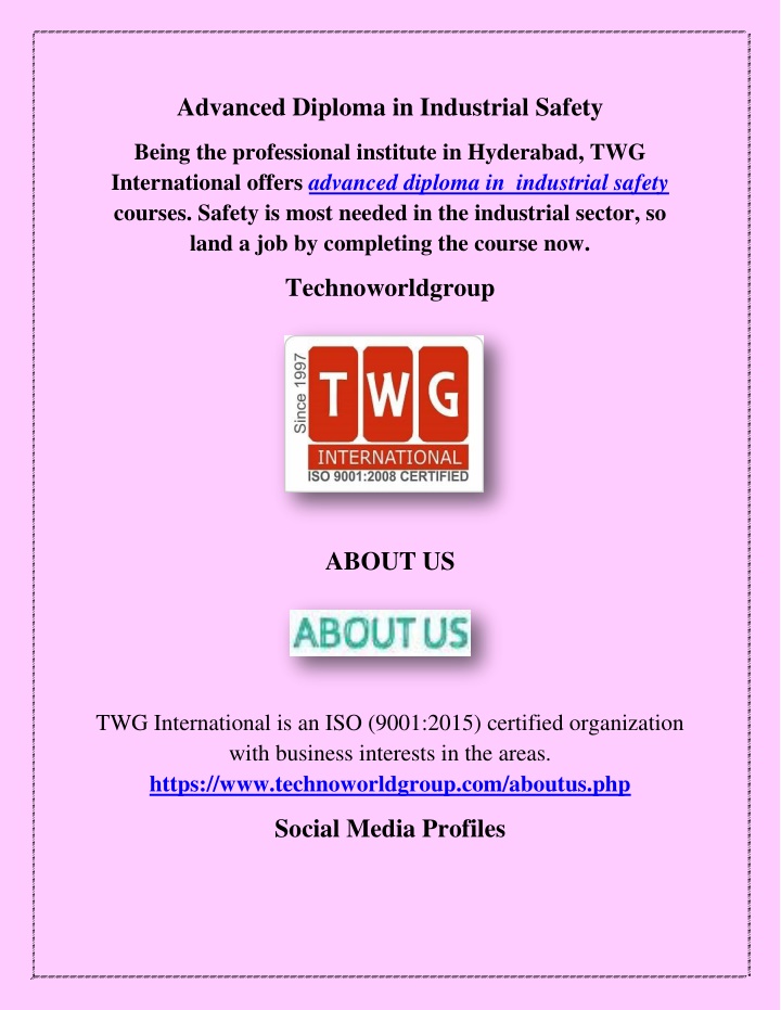advanced diploma in industrial safety n.w