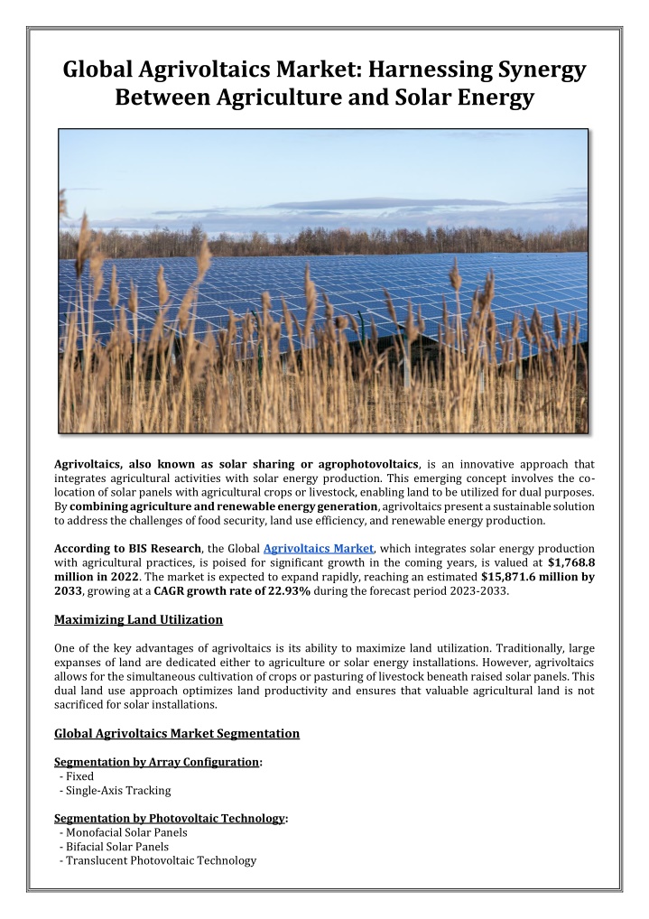 global agrivoltaics market harnessing synergy n.w