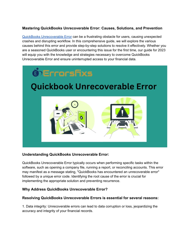 mastering quickbooks unrecoverable error causes n.w