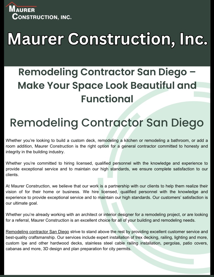 maurer construction inc maurer construction inc n.w