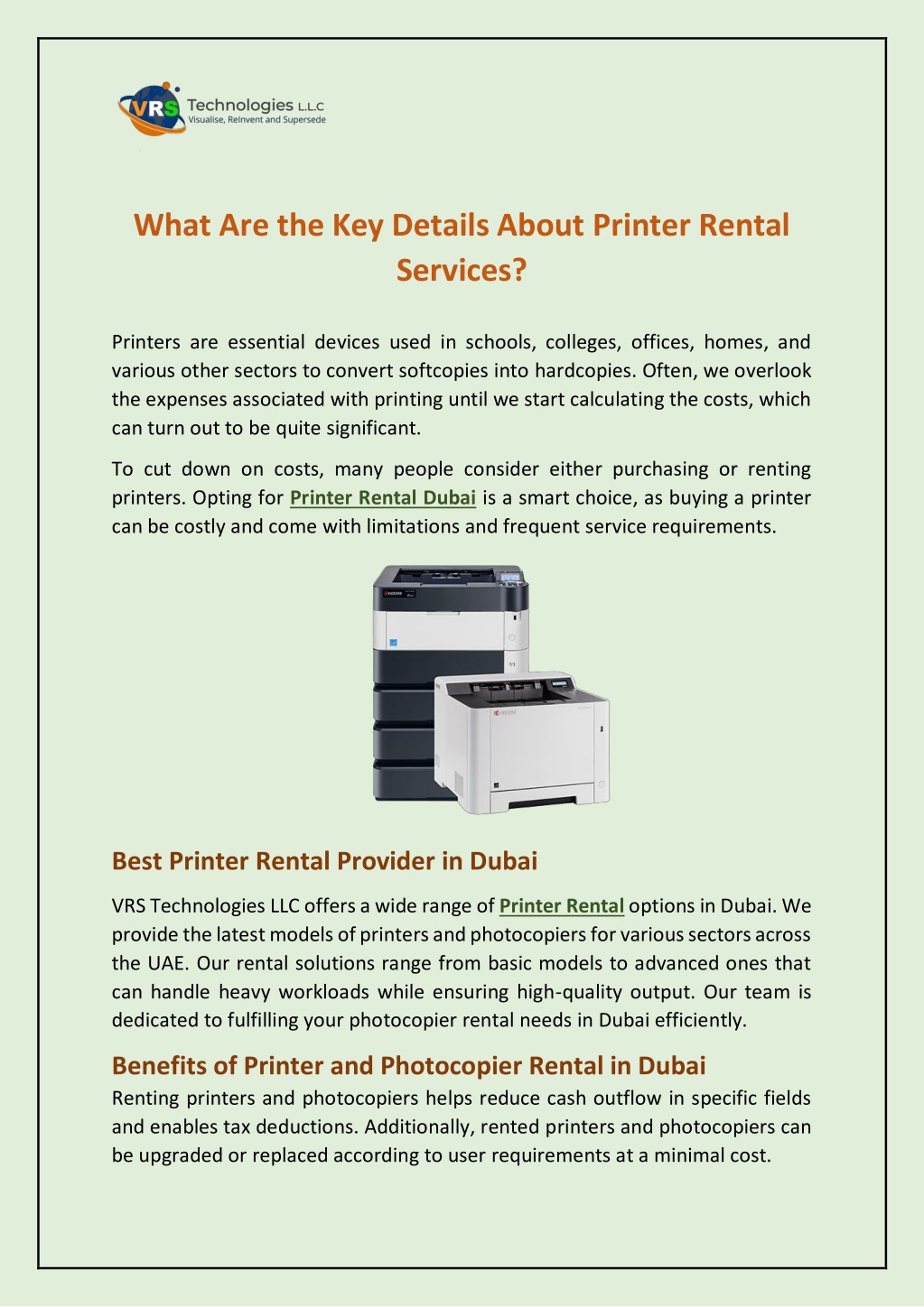 what are the key details about printer rental l.w