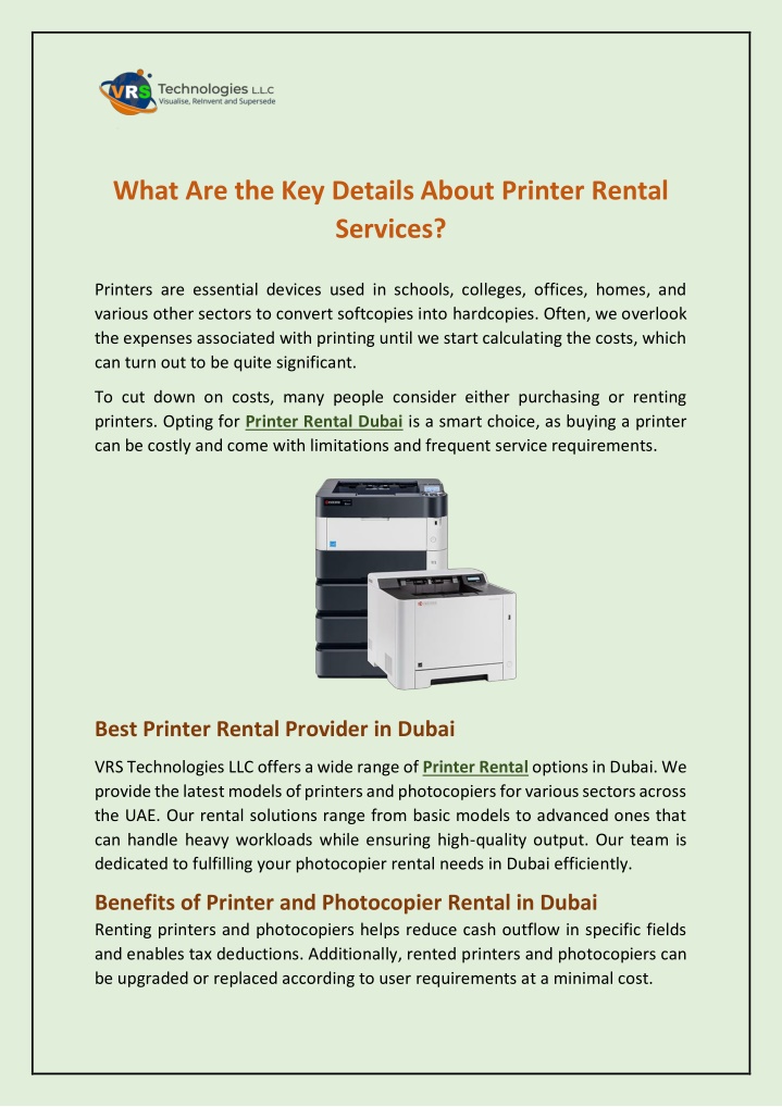 what are the key details about printer rental n.w