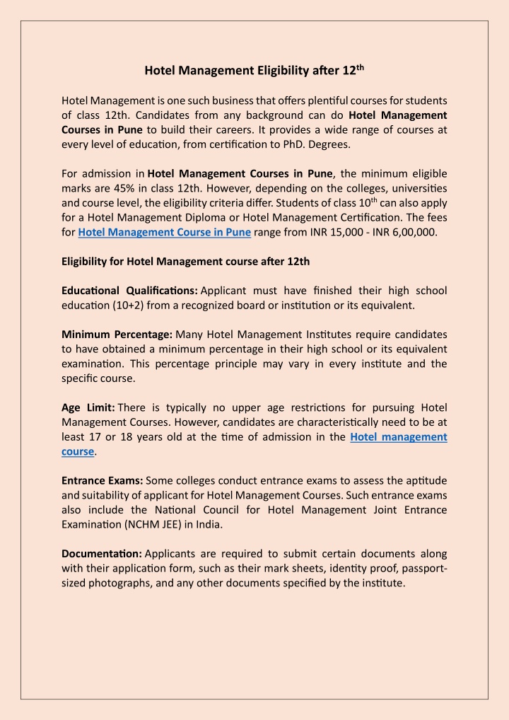 hotel management eligibility after 12 th n.w