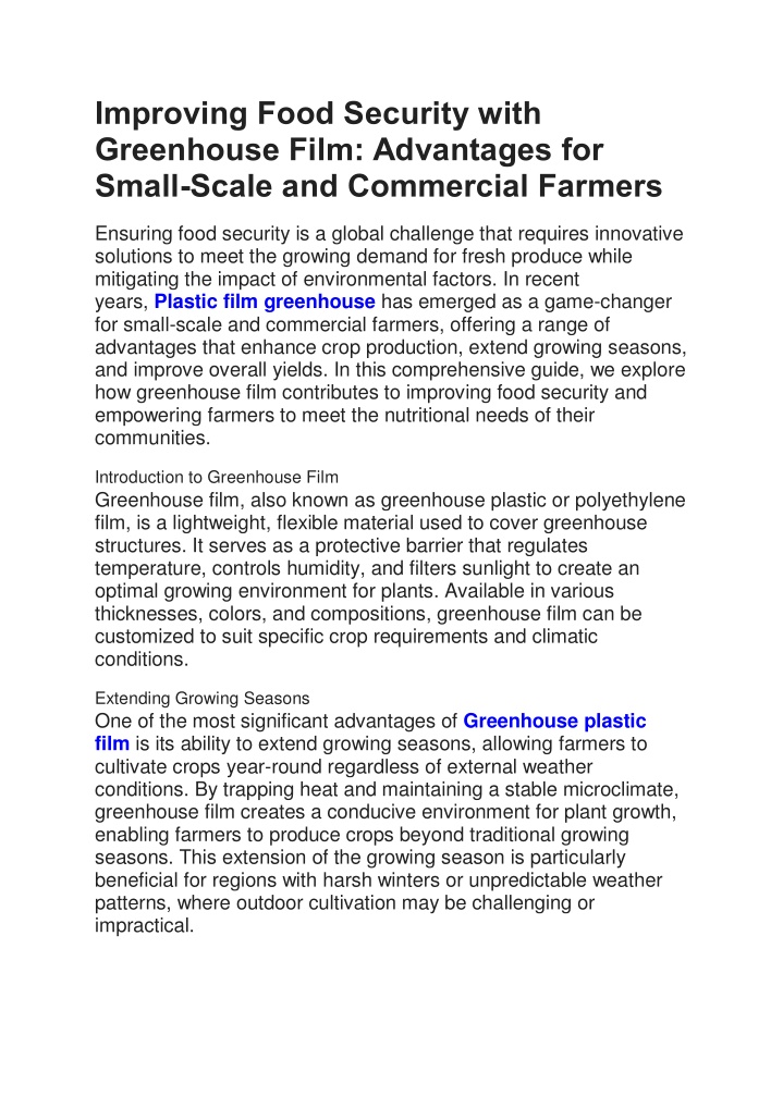 improving food security with greenhouse film n.w