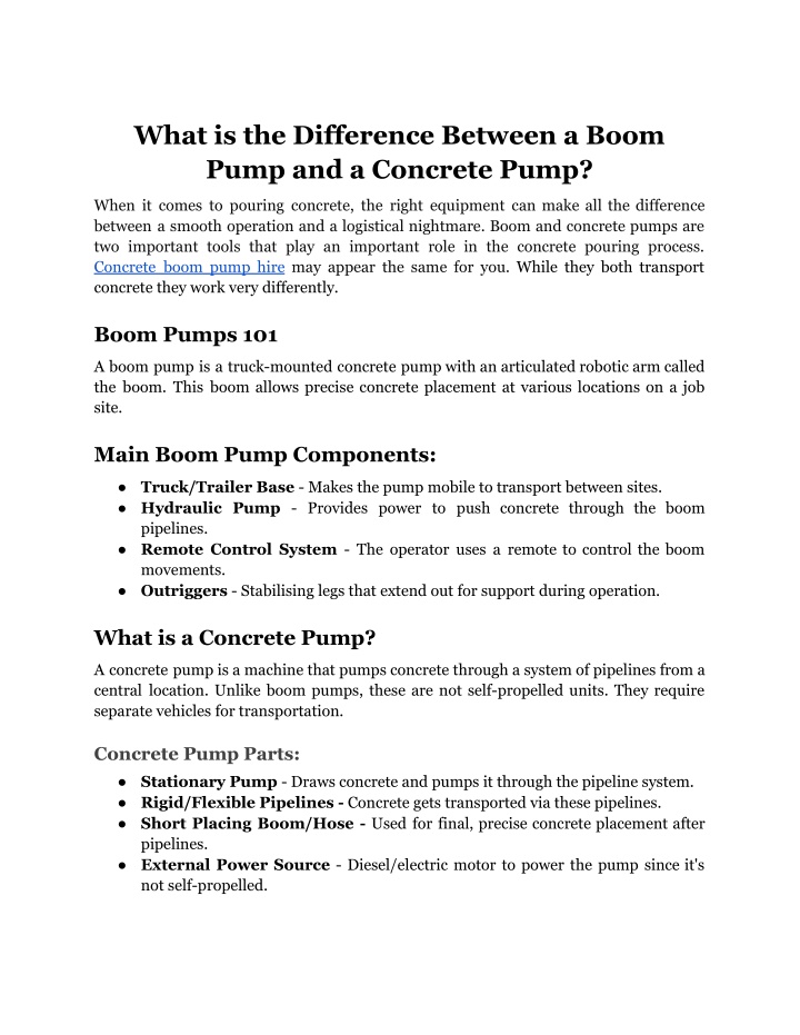what is the difference between a boom pump n.w